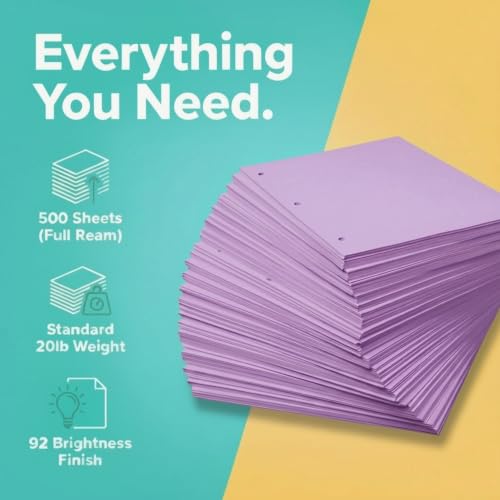 Copy Printing and Writing Colored Paper, 20 Pound - 75 Gsm, 8.5"x11" 3 Hole Punch, 500 Sheets per Ream. (Lavander/orchid)