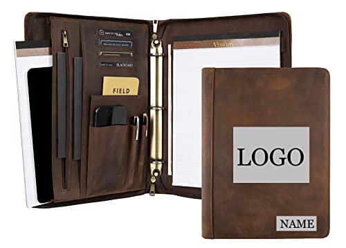 Custom Leather Portfolio, Vintage Binder Engraved, 3 Ring Binder - Handmade Personalized Padfolio for Women & Men - Dark Khaki