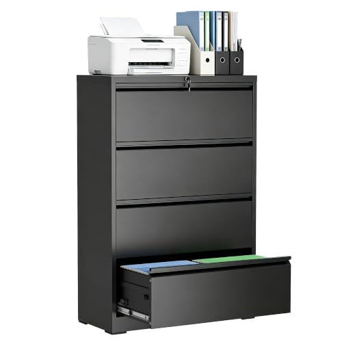 VIYET 4 Drawer File Cabinet,Metal Lateral Filing Cabinet with Lock,Home Office Storage Organizer Cabinet for Legal/Letter/A4/F4 Size Files,35.5" W,Black