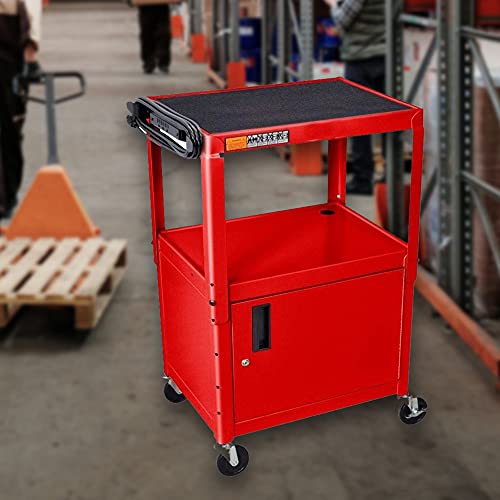 LUXOR AVJ42C-RD Steel AV Cart with Adjustable Height and Storage Cabinet, Multipurpose Utility Cart, 24" to 42" Height, 3 Outlet Electrical Assembly, Red