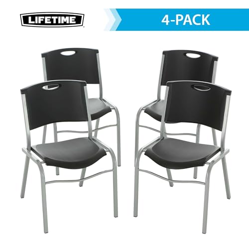 LIFETIME Stacking Chair, 4-Pack, Black Seat with Silver Steel Frame, Durable Commercial Seating