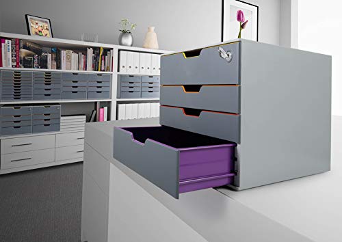 Durable Varicolor Drawer Organizer, 4 Lockable Color Coded Drawers, Gray