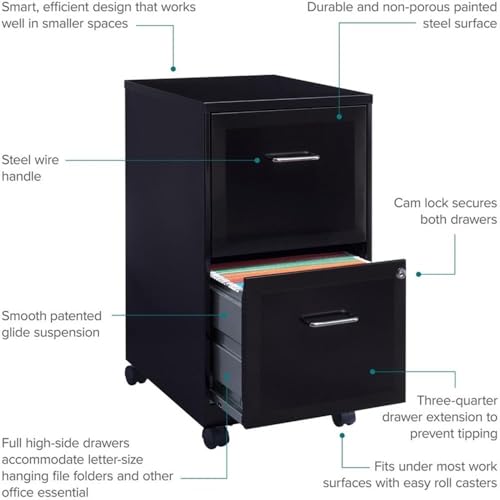 Pemberly Row 2 Drawers 26.7" Vertical Black Metal Filing Cabinet Lockable Pre-Assembled Movable Letter Size for Home, Office