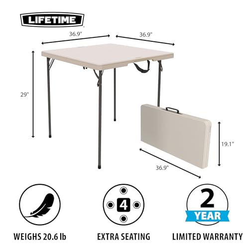 LIFETIME Folding Table and Chair Set, 37-Inch Square Fold-in-Half Table with 4 Chairs, Almond, Steel Frame