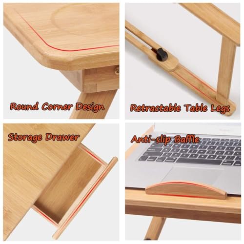 Foldable Bamboo Laptop Bed Table, Adjustable Lap Desk with Storage Drawer, Portable Computer Desk for Bed, Sofa, and Floor Use, Multi-Functional Tray Table(30x50CM/11.8x19.7in)