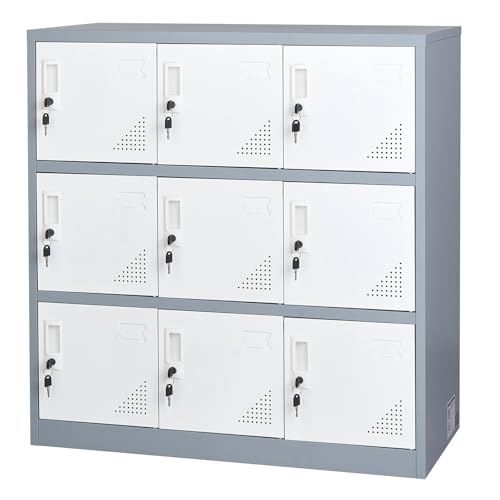 VEVOR 9 Doors Metal Locker for Employees, Steel Locking Storage Cabinet with Card Slot and Ventilation, 2 Keys for Each Door, Employee Lockers for Office, School, Gym, Home, Easy Assembly, Gray