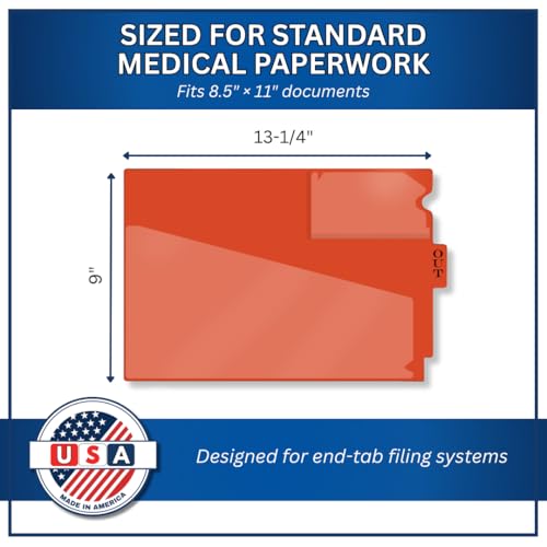 Doctor Stuff - Center Tab Vinyl Out Guides, Diagonal Cut Front Pocket, Top Charge Out Slip Pocket, Plastic File Folder, Letter Size 9" x 13-1/4", Orange, 100/Box