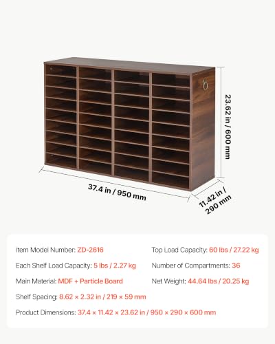 VEVOR Wood Literature Organizer 36 Compartments Office Mailboxes Brown | Countertop Literature Sorter for Files Documents Papers, with Adjustable Shelves, for Office, Home, Classroom Organization