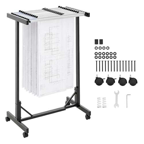 VEVOR Blueprint Storage Rack, Steel, Mobile Adjustable Blueprint Holder with 12 Pack of 30 Inch Aluminum Clamps, Wheels, Display Rack Storage Organizer Stand, for File Display Plan Poster Office Home
