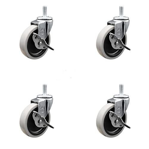 4 Inch Swivel Thermoplastic Rubber Caster Wheels and 10 mm - 1.50 TPI x 1.5 Inch Threaded Stem Caster and Brake - 500 lbs. Total Capacity - Set of 4 - Service Caster Brand
