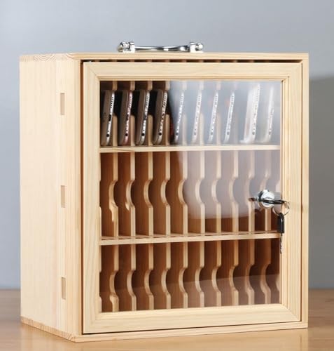 Wooden Slots Cell Phone Storage Box Cell Phone Storage Cabinet with Handle Classroom Pocket Chart with Security Lock Desktop Cell Phone Storage Box for Classroom Office