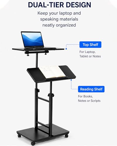 Podium Stand with Wheels, Height Adjustable Lectern Podium Stand, Rolling Portable Podium with 2 Swivel Shelves, Mobile Teacher Lectern for Classroom Church Office Presentation(Black)