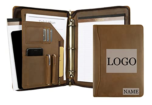 Genuine Leather Portfolio Binder, Vintage Leather Binder 3 Ring, Personalized Portfolio Organizer for Men & Women, Custom Padfolio Folder with Name/Logo Engraved (Khaki)