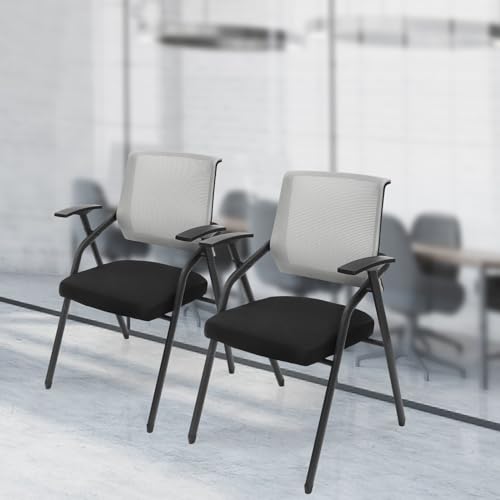 Office Reception Guest Chairs, 2PCS Mesh Back Waiting Room Chairs with Arm and Ergonomic Lumbar Support for Waiting Conference Room (2, Grey)