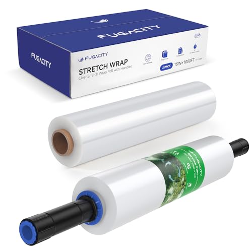 FugaCity Shrink Wrap-2 Rolls with Handles 15 inch W 1000ft L Heavy Duty Stretch Wrap,60 Gauge 500% Stretch Industrial Strength