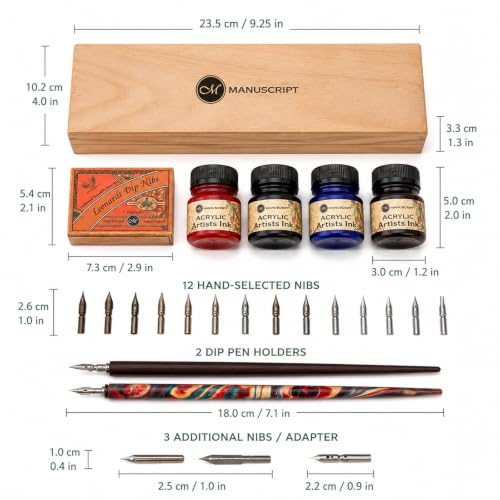 MANUSCRIPT Calligraphy Artist Set, Light Wood Case, Acrylic Inks