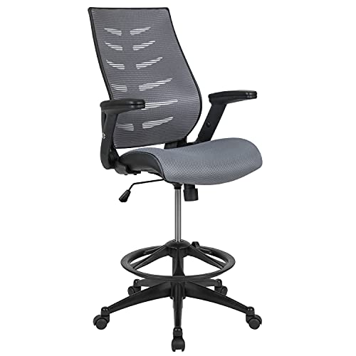BizChair High Back Dark Gray Mesh Ergonomic Drafting Chair with Adjustable Flip-Up Arms