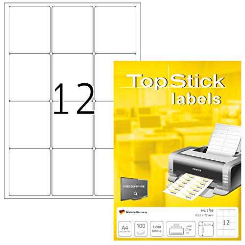 TopStick 8726 Multi-Purpose Labels, 12 Labels Per A4 Sheet, 63.5 x 72 mm, 12000 Labels, Self Adhesive, Stickers for Laser and Inkjet Printers, White