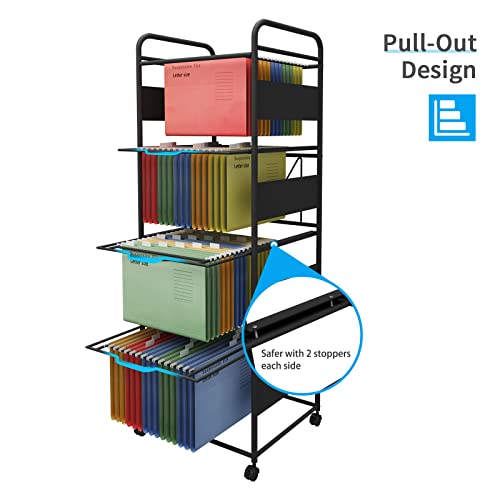 PUNCIA 4-Tier Metal File Cart with Wheels Pull-Out Rolling Folder Organizer
