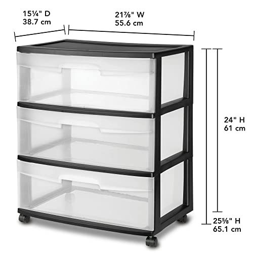 EsEiCo 3 Drawer Plastic Storage Drawer Cart, Medium Home Organization Storage Container with 3 Large Clear Drawers With Wheels, Black