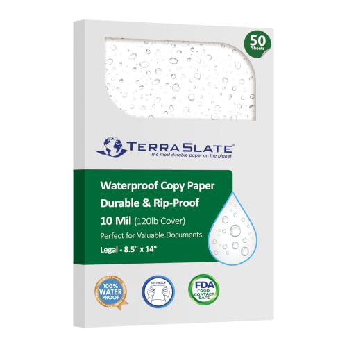 TerraSlate Printable Waterproof Paper for Laser Printer, 10 Mil 8.5" x 14", 50 Sheets, White Printer Paper, Rip-Resistant, Weather/Rain Proof Copy Paper