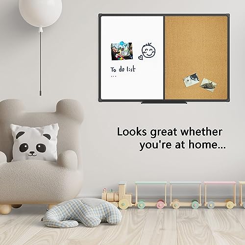 JILoffice White Board & Bulletin Corkboard Combination, Combo Board 48 x 36 Magnetic Whiteboard, Black Aluminum Frame Wall Mounted Board for Office Home and School with 10 Push Pins