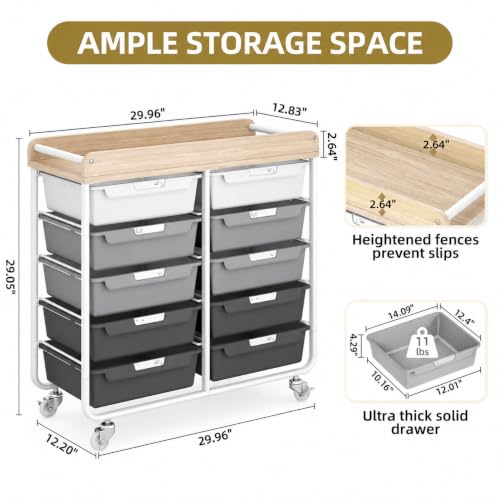 10 Drawer Rolling Storage Cart with Wood Top for Classroom Crafts Grey