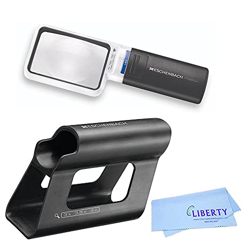 Eschenbach Mobilux LED Handheld Magnifier with Mobase Stand - Hands Free Magnifier with Light and Stand - Low Vision Magnifier Aid with Liberty Microfiber Cloth (3.5X)