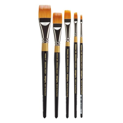 KINGART Premium Original Gold 9120 Series RAKE Brush Set, Synthetic Golden Taklon Hair for Acrylic, Watercolor & Oil, Short Handle, 5 Sizes: 1/8, 1/4, 1/2, 3/4, 1"