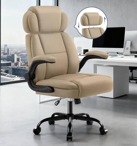 AreShark Ergonomic Office Chair with Lumbar Support, 400lbs Heavy Duty Big and Tall Executive Desk Chair, PU Leather High Back Computer Chair with Flip-Up Arms & Adjustable Headrest, Khaki