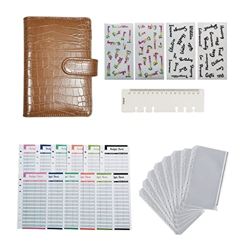 7MCCVAZXX A6 Crocodile PU Leather Notebook Binder Budget Planner Organizer with 6 Ring Cover Pockets and 12 Pieces Expense Sheets (Color : F, Size : 13 * 18.3cm) (A 13 * 18.3cm)