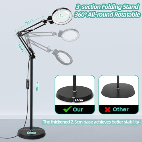GOI 10X/30X Magnifying Glass with Light and Stand, 2-in-1 Magnifying Floor Lamp with 72 Adjustable Brightness LED Lamp Bulbs, Flexible Standing Magnifying Lamp
