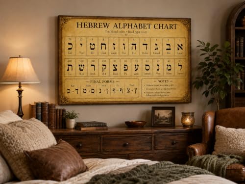 Hebrew Alphabet Chart Poster Aleph Bet Educational Judaica Wall Art (Framed,Wrapped Canvas,20" L x 30" W)