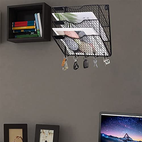 EliteBloom File Magazine Folder Holder File Rack 3-Layer Wall-Mounted File Folder with Hooks to Hang Mail Manager Metal Chicken Wire Wall-Mounted Magazine Rack File Holder Black File Organizer