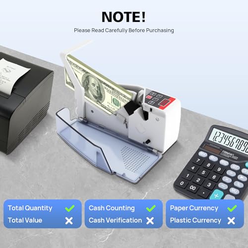 Portable Money Counter, 600 Sheets/Minute Money Counting Machine with Number Telling Screen and Rubber Wheel, 7.48x1.97x3.54in Bill Counter for Banks, Stores