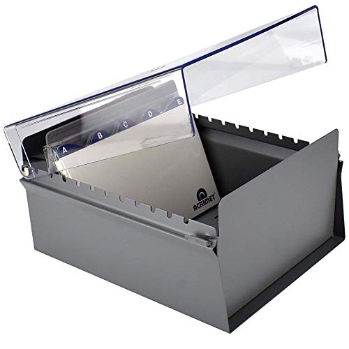 Acrimet 5 X 8 Card File Holder Organizer Box Metal Base Heavy Duty (AZ Index Cards and Divider Included) (Gray Color with Clear Crystal Plastic Lid Cover)