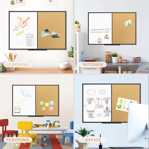 JILoffice White Board & Bulletin Corkboard Combination, Combo Board 36 x 24 Magnetic Whiteboard, Black Aluminum Frame Wall Mounted Board for Office Home and School with 10 Push Pins