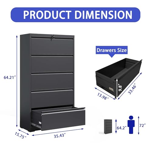 Large Metal File Cabinet Lockable Tall 5 Drawer Lateral Steel Filing Cabinet with Lock & Large Drawer Lockable File Cabinet Filing Cabinet Office File Cabinets Printer Stand for Home Office (Black)