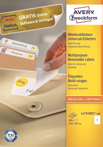 Avery Zweckform L4730REV-25 Universal Labels 100 Labels 100 Etiketten, 210 x 297 mm weiß (wiederablösbar)