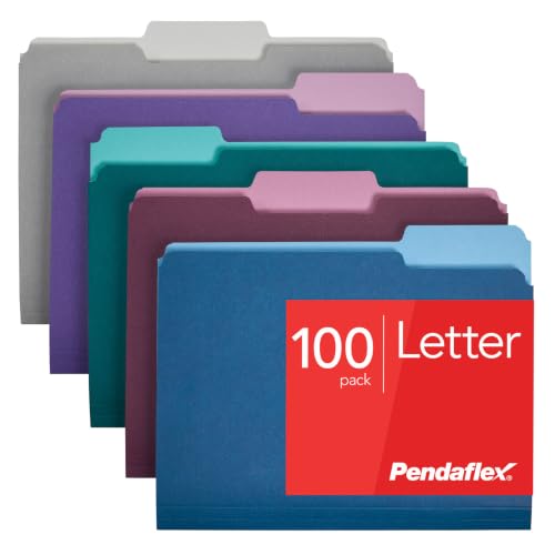 Pendaflex Two Tone Color File Folders, Letter Size, Assorted Colors (Teal, Violet, Gray, Navy and Burgundy), 1/3-Cut Tabs, 5 Color, 100/Box, (02315)