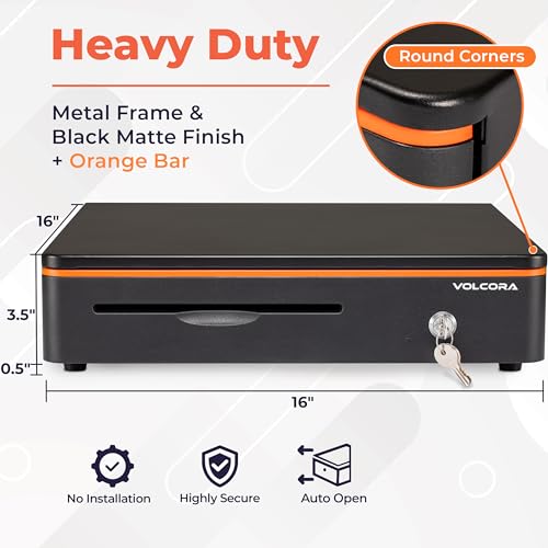 Volcora Cash Register Drawer for Point of Sale POS System with Round Corners 16", Removable Coin Tray, 5 Bill 8 Coin, 12-24V RJ11/12 Key-Lock Media Slot, Money Drawer for Business, Orange Bar/Black
