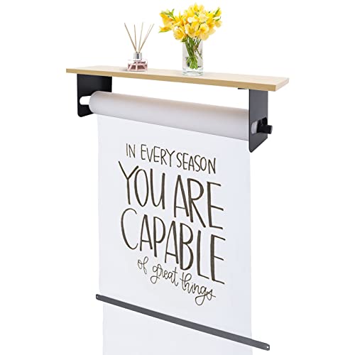 Wall Mounted Paper Roll Holder with Cutter, Carbon Steel Density Board Paper Dispenser with Storage Shelf, Drawing Board for Kids Room Office Cafe Restaurant Studio, Space Saving, Black