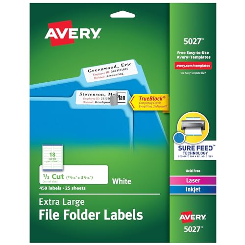 AVERY AVE5027 - Extra-Large 1/3-Cut File Folder Labels
