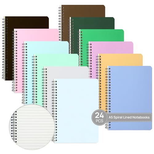 miikoul 24 Pack A5 Spiral Lined Notebooks, 8.1" X 5.5", 60 Sheets/120 Pages Wide Ruled Notebook Spiral Journals Bulk Paper Cover Notepad 12 Colors for Students Taking Class Notes Home Office Gift