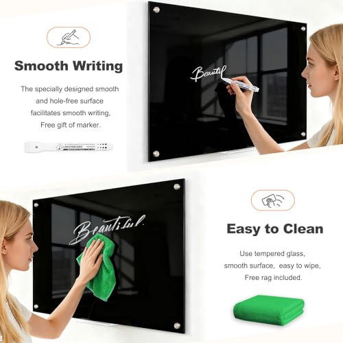 AMUSIGHT 36” x 24” Black Dry Erase Board, Magnetic Tempered Glass Board