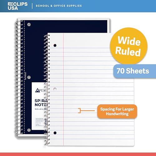 E-CLIPS USA Wide Ruled Spiral Notebooks Bulk Spiral Bound Notebooks for Work 1 Subject Notebook 6 Color Assortment 3 Hole Perforated 70 Sheets 140 pages 10.5" x 8" (48 pack)