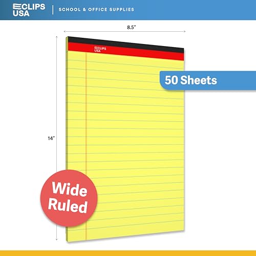 E-CLIPS USA Notepads, Legal Pads, Note Pads 8.5 x 14, Legal Wide Rule Notepad, Canaray, Chipboard Back, Writing Pad, Office Supplies, 50 Sheets Per Pad, Bulk (48 Pack)