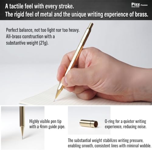 Pizz Premium Hexagonal Solid Brass Mechanical Pencil Set with Matching Lead Case, 0.5mm Slim Pencil-Style Drafting Pencil, Gift Box Included, Made in Japan - Brass Gold