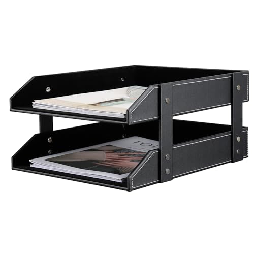 KINGFOM Letter Tray, Leather Paper Organizer Tray, Wooden Desk File Holder, Desktop File, Stackable Magazine Holder, Mail Sorter, Great for Home or Office - 2 Level Black