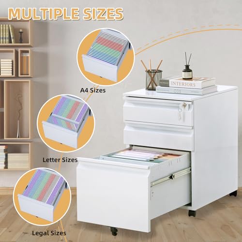FinerFurnis 3 Drawer Mobile Filing Cabinet with Lock & Anti-Tip Wheels - Under Desk Metal File Cabinet on Wheels - Secure Storage for A4/Letter/Legal Folders - Home or Office Organization